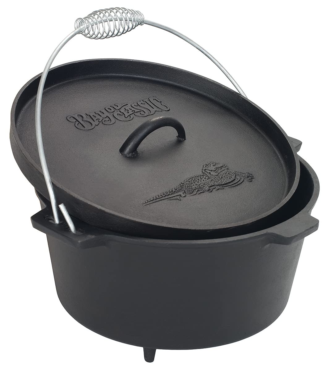 Bayou Classic Cast Iron Pre-Seasoned Dutch Oven w/ Feet Features Flanged Camp Lid Stainless Coil Wire Handle Grip, 8-qt Perfect For Baking Frying One-Pot Meals Stews and Chili