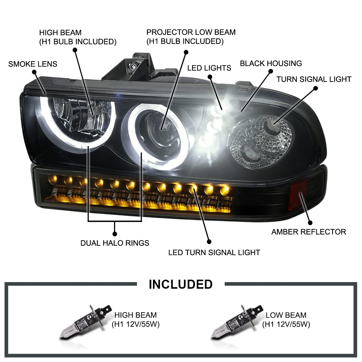 Smoke LED Halo Projector Headlights + LED Bumper Lights SPEC-D TUNING Compatible with 1998-2004 Chevy S10 Pickup, 1998-2004 Chevy Blazer, Left + Right Pair Headlamps Assembly