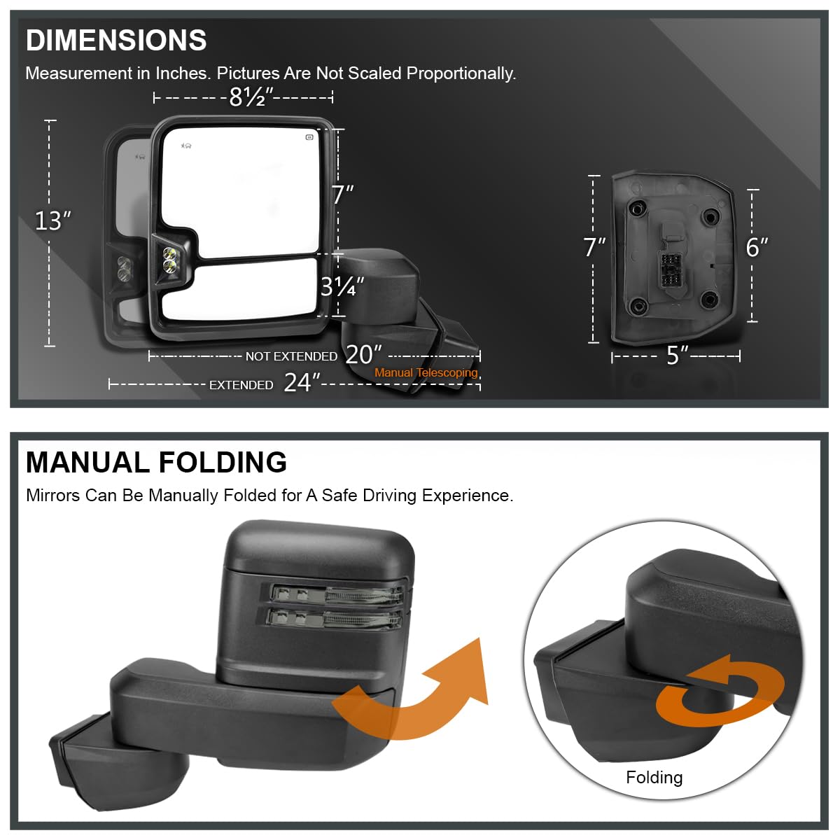 Power Spec-D Tuning Black Heated Towing Mirrors w/Smoke LED Signal, Temperature Sensor Compatible with 2020-2025 Chevy Silverado, GMC Sierra 2500HD 3500HD, Left + Right Pair