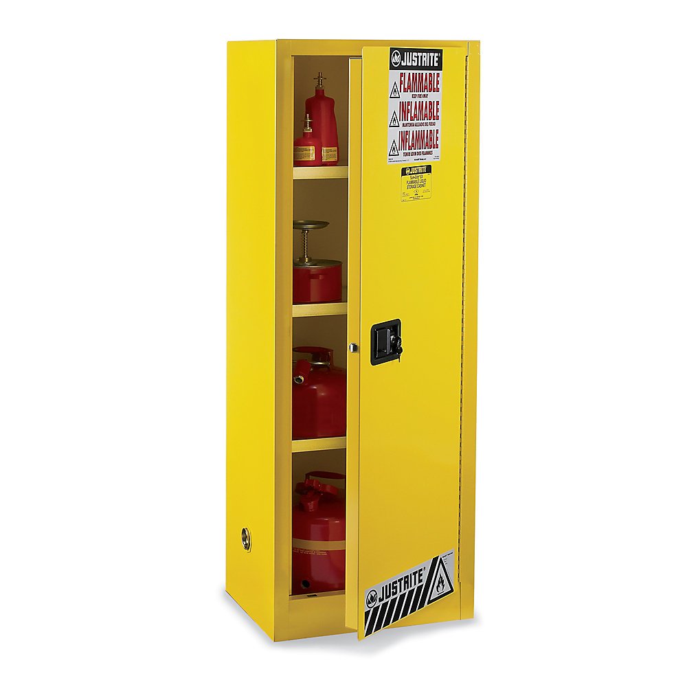Justrite 22 Gallon Slimline Manual Close Flammable Storage Cabinet, 18 Gauge Steel, 3 Shelves, 2 Door Fire Cabinet, 65" x 23" x 18", Made in The USA, Red, 892201