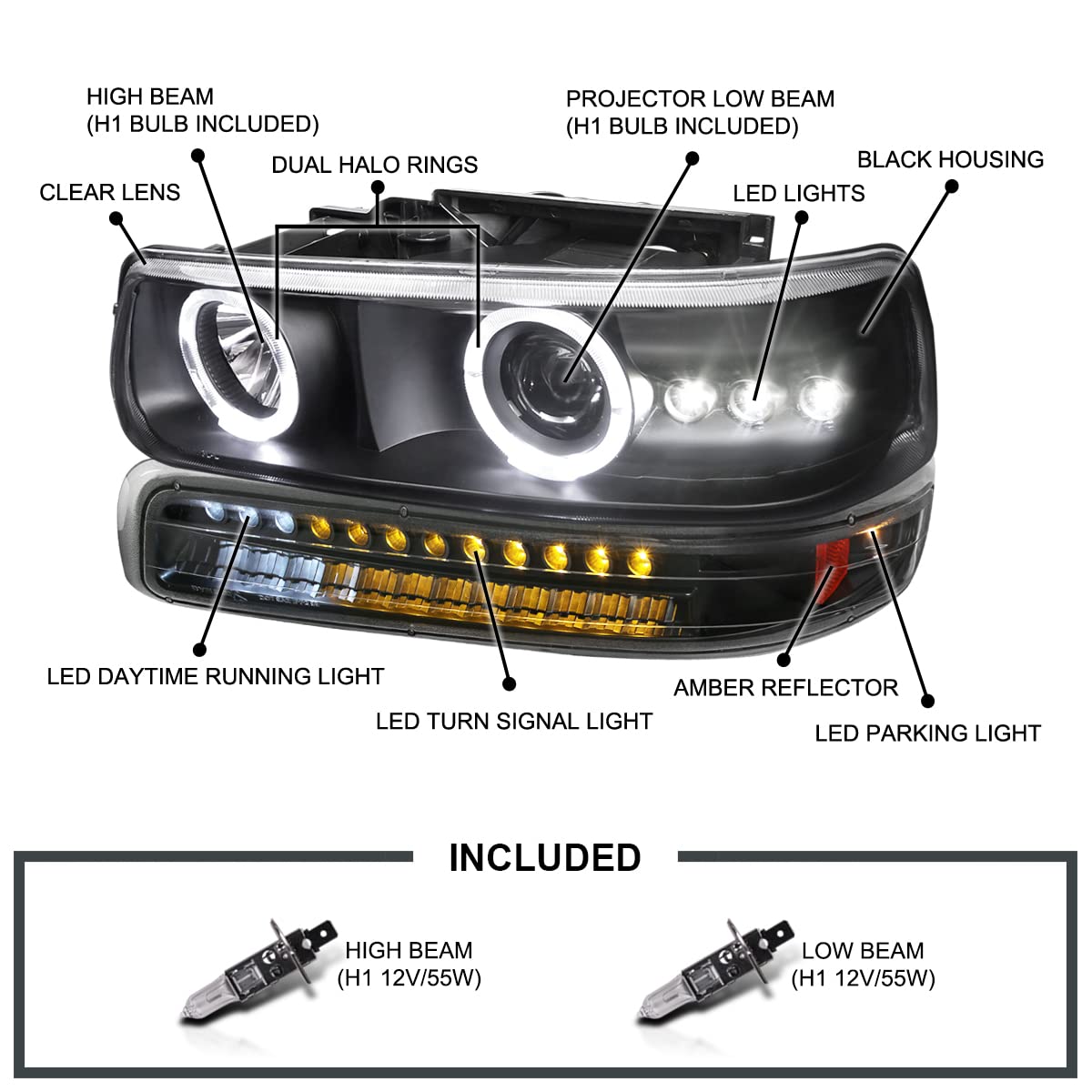 Black LED Halo Projector Headlights + LED Bumper Lights SPEC-D TUNING Compatible with 1999-2002 Chevy Silverado 1500 2500 3500, Left + Right Pair Headlamps Assembly