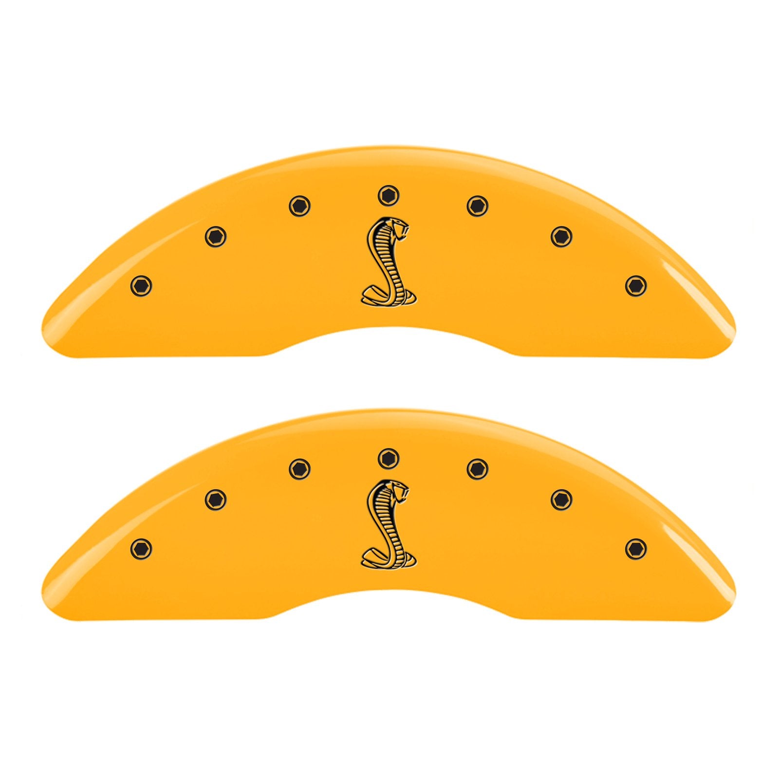 Brake Caliper Covers MGP for Ford Mustang GT, GT Premium 2015-2023 - Yellow Powder-Coated Finish, Engraved Black Tiffany Snake Logo, Front and Rear Caliper Covers (Set of 4)