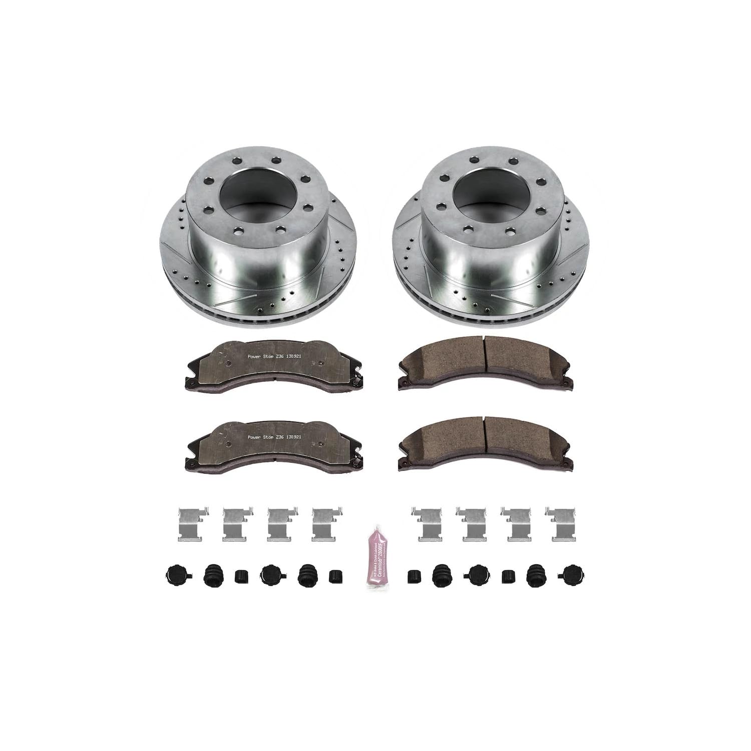 Rear Brake Kit Power Stop For 2011 2012 2013 2014 2015 2016 2017 2018 2019 Chevrolet Silverado 3500 HD - Truck & Tow Carbon Fiber Ceramic Brake Pads & Drilled and Slotted Rotors Replacement, K5562-36