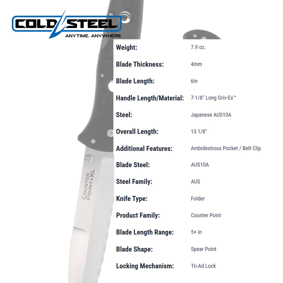 COLD STEEL 6" Counter Point XL AUS10A Serrated Edge Blade 7.125" Griv-Ex Handle Tactical Narrow Blade Folding Knife w/Tri-Ad Lock