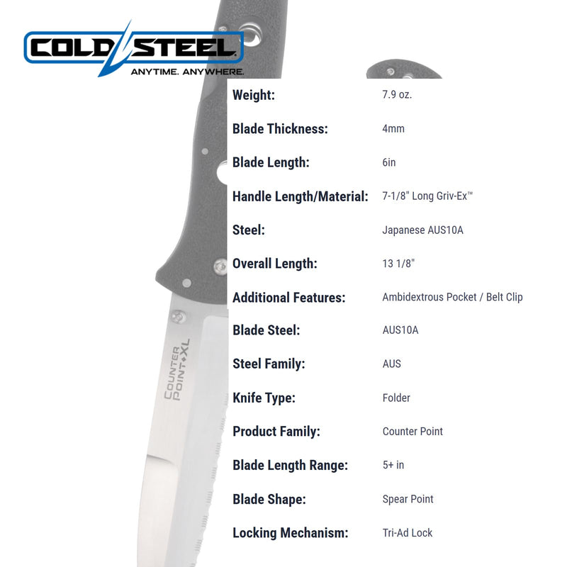 COLD STEEL 6" Counter Point XL AUS10A Serrated Edge Blade 7.125" Griv-Ex Handle Tactical Narrow Blade Folding Knife w/Tri-Ad Lock