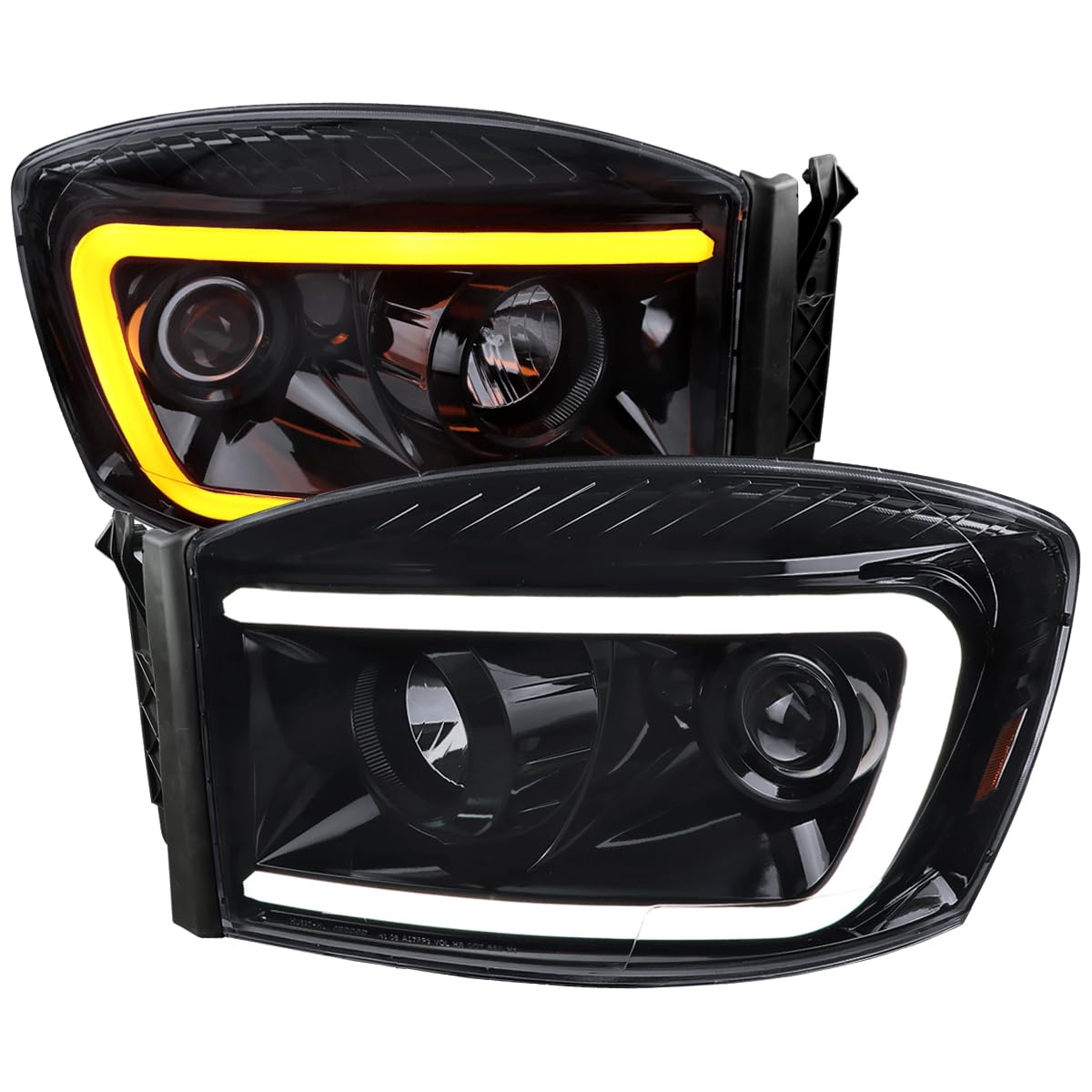 Glossy Black Smoke SPEC-D TUNING Projector Headlights w/Switchback LED Light Bar Compatible with 2006-2008 Dodge Ram 1500, 2500, 3500, Left + Right Pair Headlamps Assembly