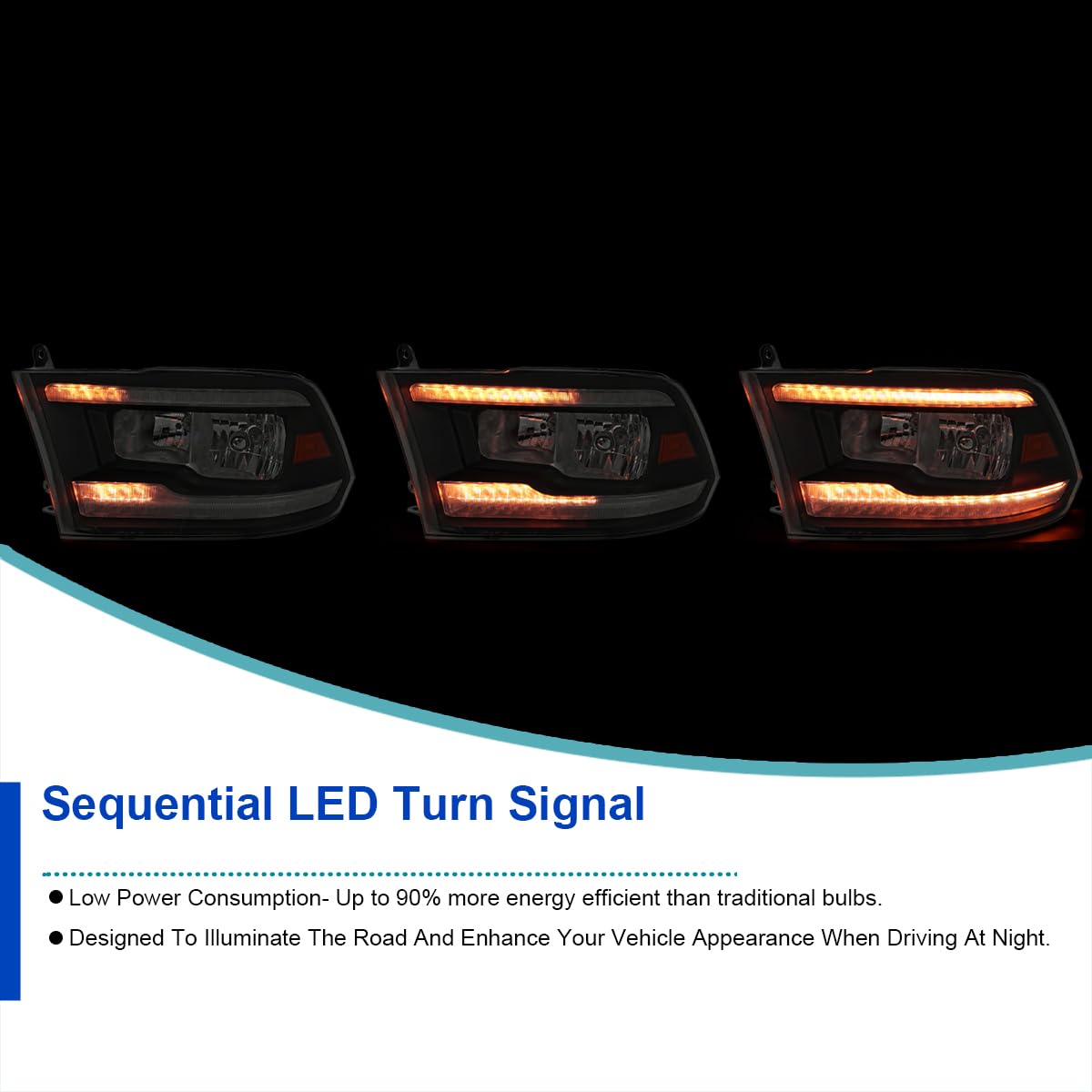 Black Smoke SPEC-D TUNING Switchback Sequential LED Signal Strip Headlights w/Startup Animation Compatible with 2009-2018 Dodge Ram 1500, 2010-2018 Ram 2500 3500, Left + Right Pair Headlamps Assembly