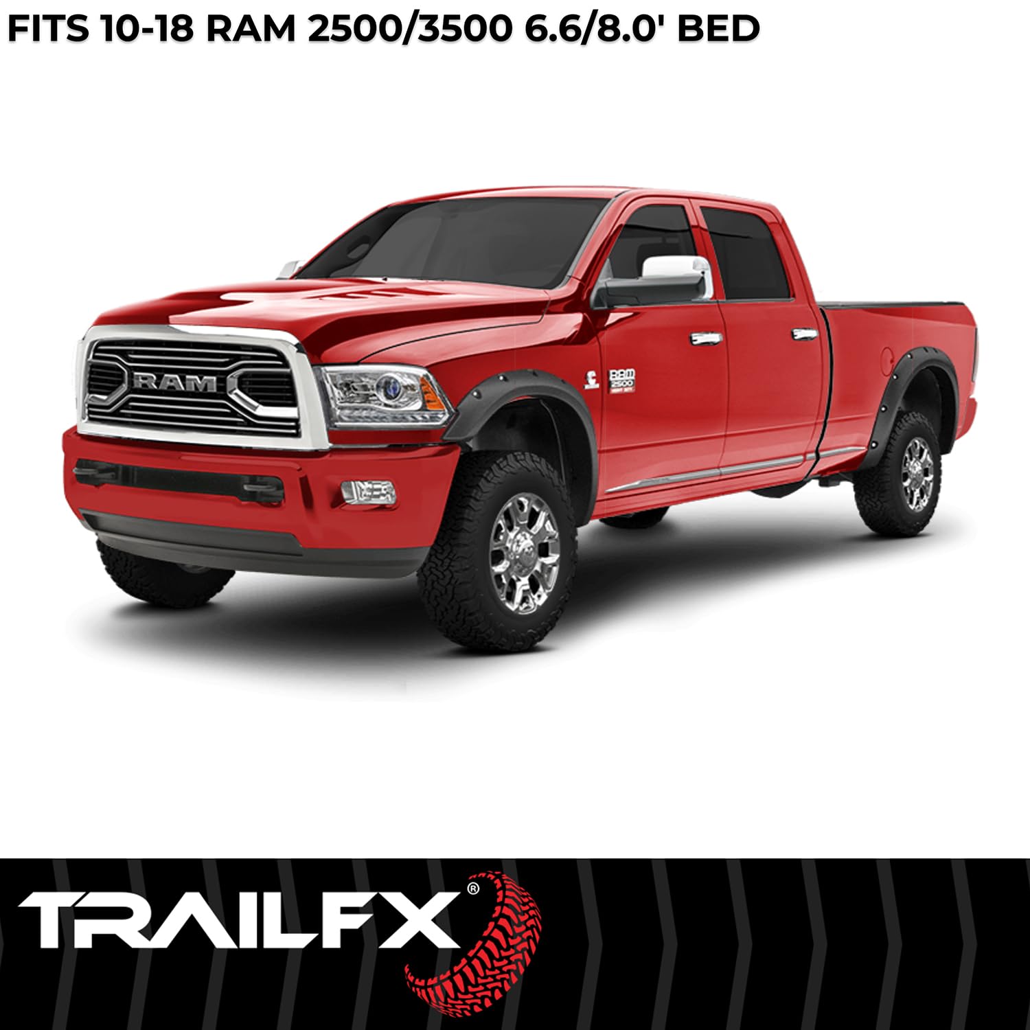 Pocket Style Fender Flares TrailFX TFD3004T for Ram 2500 2011-2018 - Black Textured Paintable Polypropylene, Set of 4 with Stainless and Black Steel Rivets