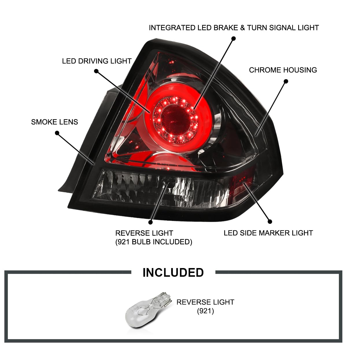 Smoke LED Halo Light Bar Tail Lights SPEC-D TUNING Compatible with 2006-2013 Chevy Impala, 2014-2016 Chevy Impala Limited, Left + Right Pair Assembly