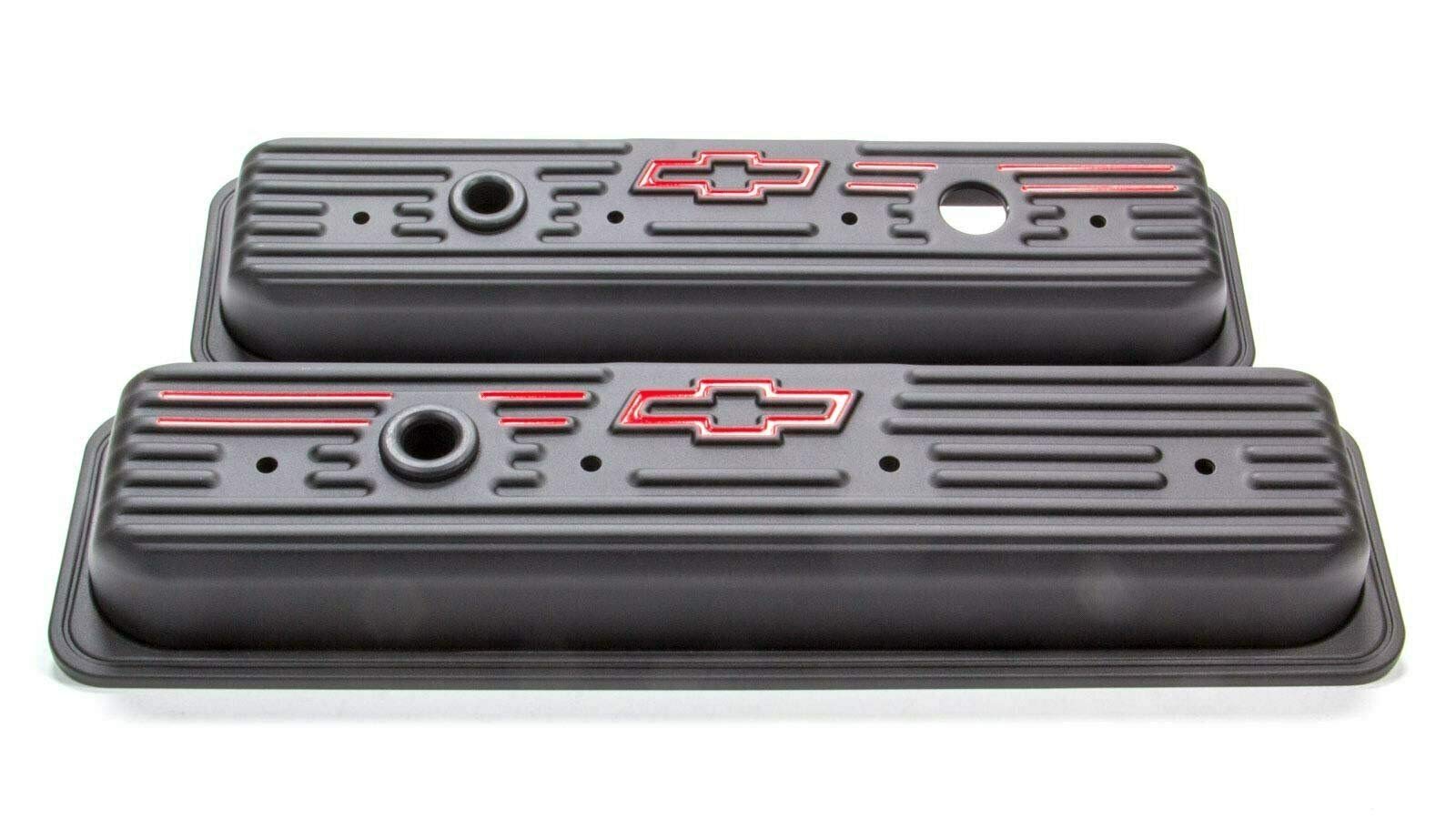 ProForm Short Valve Cover, Baffled, Breather Hole, Bowtie Logo, Steel, Black Crinkle, Center Bolt, Small Block Chevy, Pair