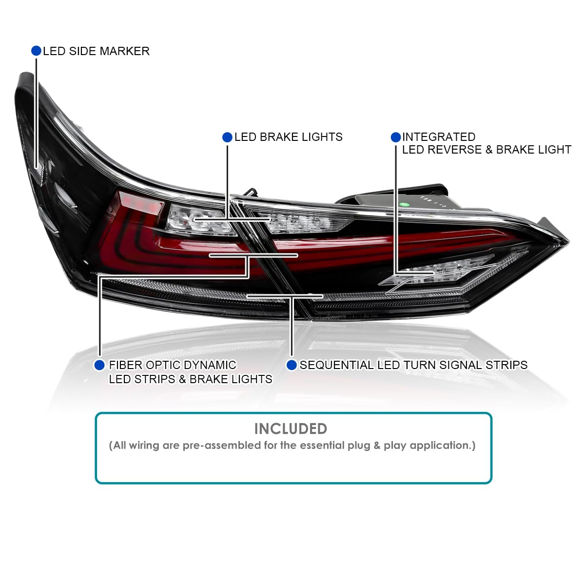Jet Black SPEC-D TUNING Sequential Tail Lights w/LED Turn Signal and Startup Animation Compatible with 2018-2022 Toyota Camry, Left + Right Pair Assembly