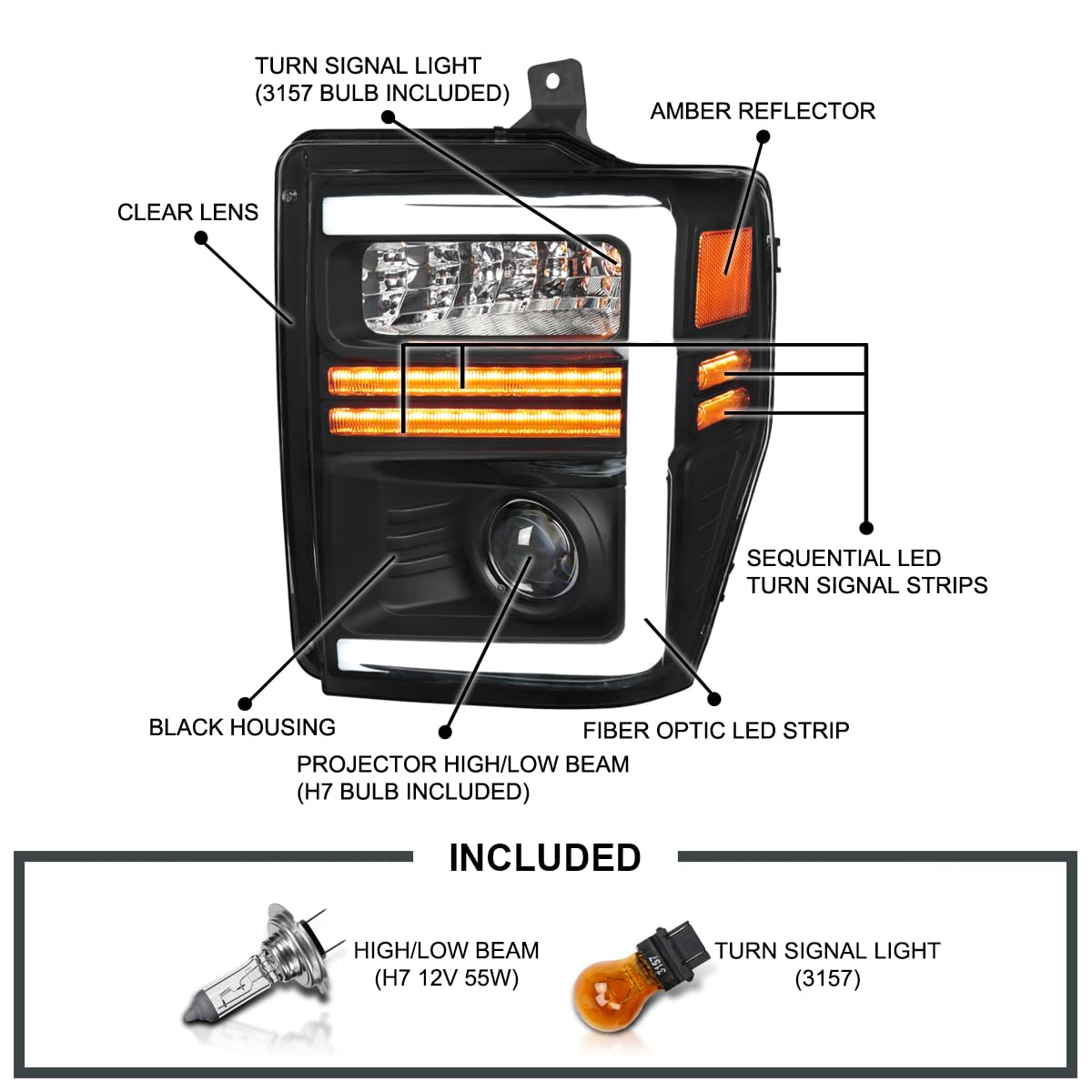 Black SPEC-D TUNING Projector Headlights with Sequential LED Turn Signal Light Strips Compatible with 2008-2010 Ford F-250, F-350, F-450, F-550 Super Duty, Left + Right Pair Headlamps Assembly