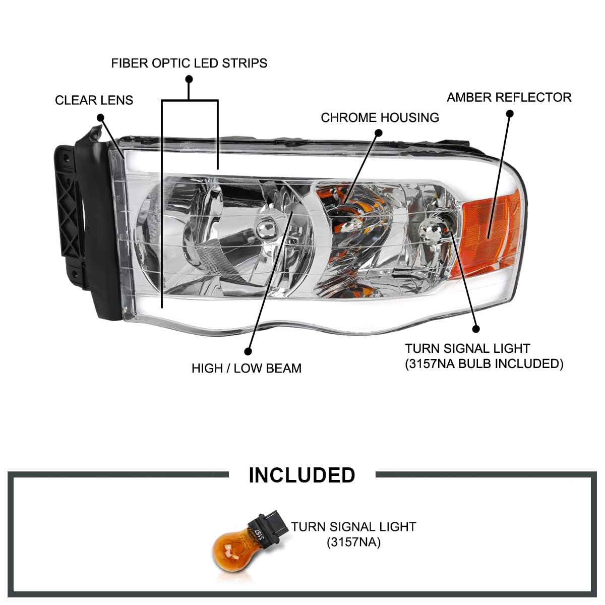 Chrome LED Tube Headlights SPEC-D TUNING Compatible with 2002-2005 Dodge Ram 1500, 2003-2005 Dodge Ram 2500/3500 Left + Right Pair Headlamps Assembly