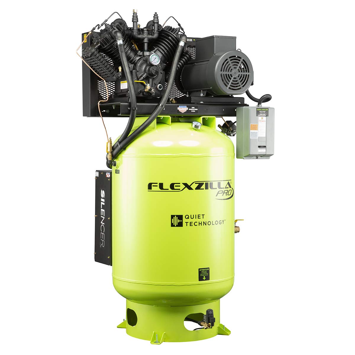 Flexzilla Pro Air Compressor, Stationary with Silencer, 10 HP, 120 Gallon, 1-Phase, 2-Stage, Vertical - FXS10V120V1, Green