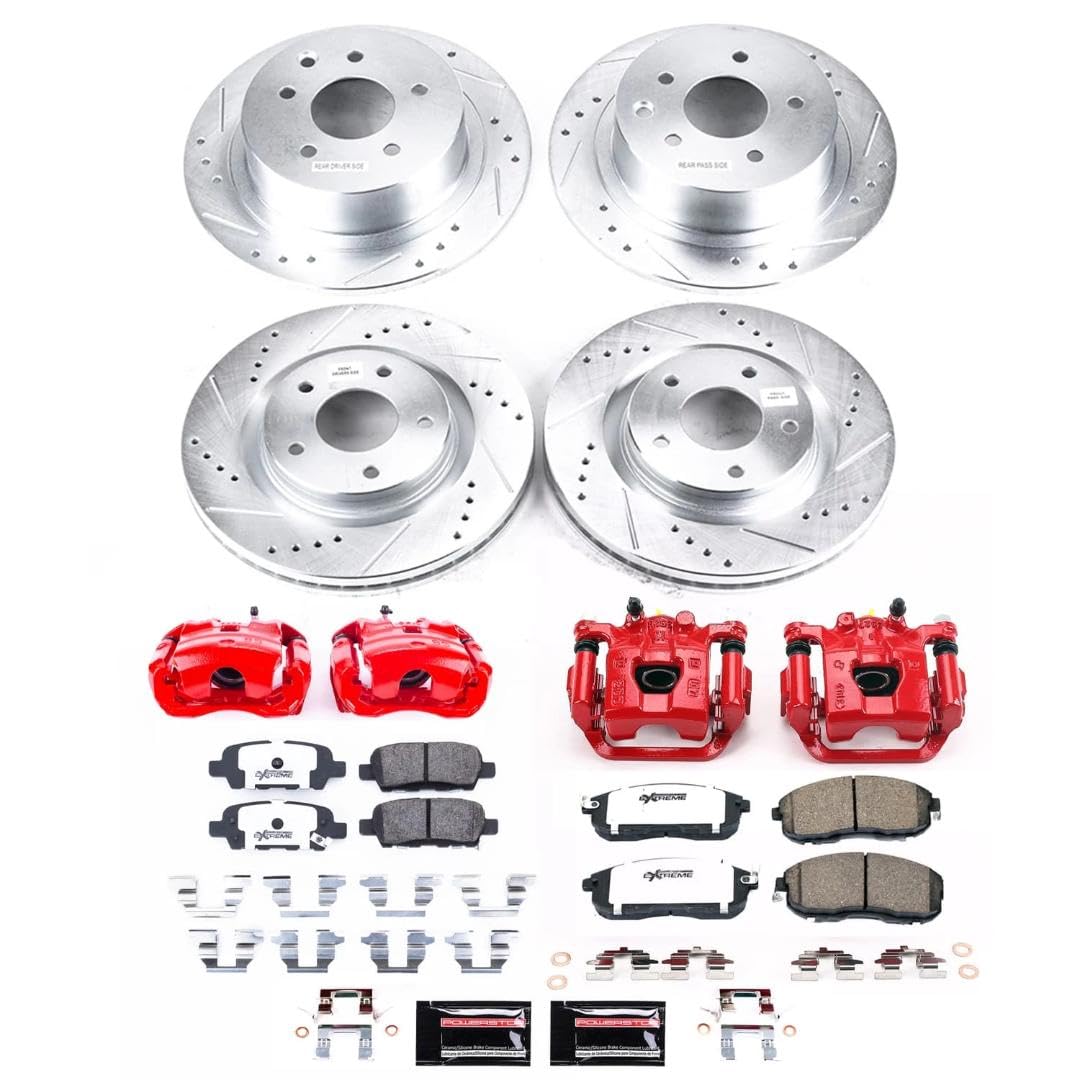 Power Stop Z26 Street Warrior Brake Pads and Rotors Kit Front and Rear with Red Powder Coated Calipers For Nissan Juke 2011-2017 [Application Specific]