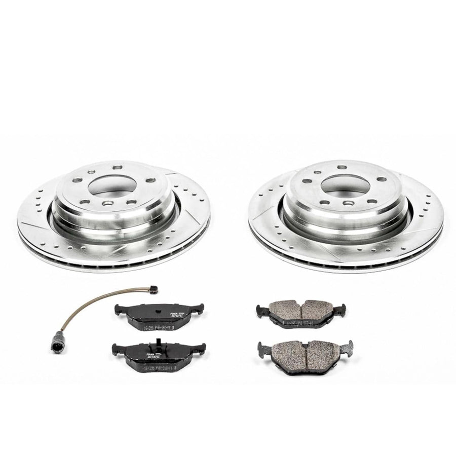Power Stop K557 Rear Brake Pads Z23 Carbon Fiber with Drilled & Slotted Brake Rotors Kit and 1 Rear Sensor Wire For BMW 540i 1994-1995, BMW M5 1991-1993 [Model Specific]