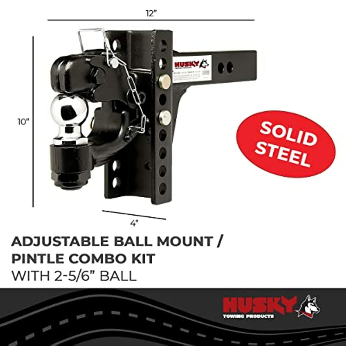 Pintle Hook Husky Towing 33110 with 2-5/16 Inch Ball 2 Inch Receiver Mount 13,000 lbs Hook Capacity Black Powder Coated Steel Solid Shank
