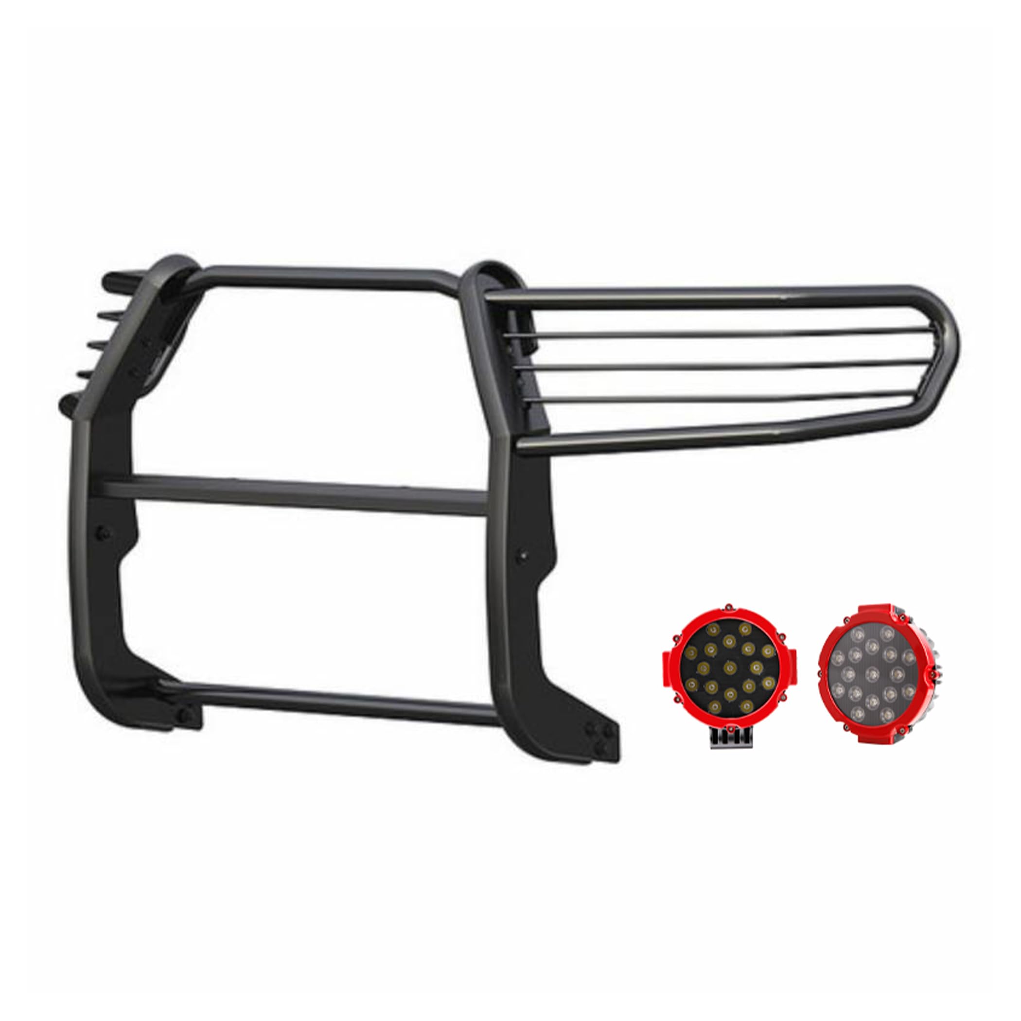 Grille Brush Black Horse Bumper Guard Modular Black Come with Pair of 7.0" Dia.LED Lights with Red Trim Rings Compatible with 08-22 Sequoia|07-21 Tundra(Excl. 08-21 Platinum/Limited)-17A098900MA-PLR