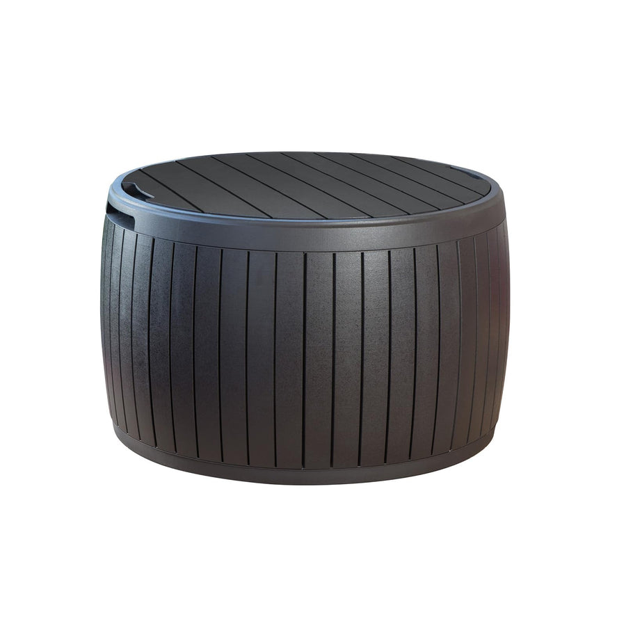 Keter 37 Gallon Circa Deck Box Organizer, Works as Ottoman Chair or Side Table, Brown – Large Resin Round Outdoor Storage and Seating for Garden, Pool, and Patio
