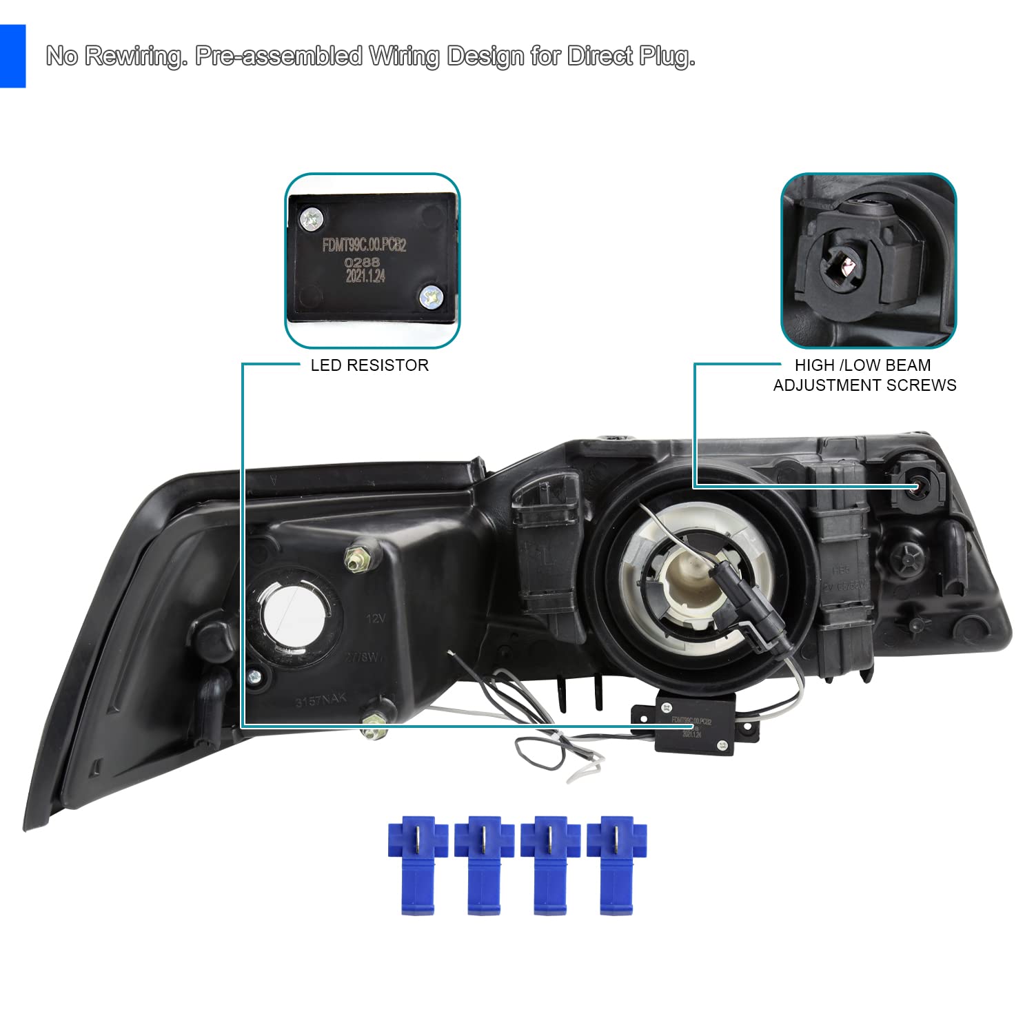 Black SPEC-D TUNING Headlights with LED Tube Strip Compatible with 1999-2004 Ford Mustang, Left + Right Pair Headlamp Assembly