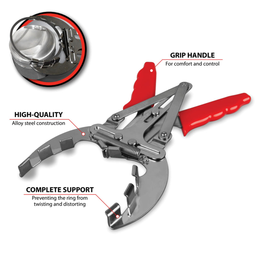 W80598 Performance Tool 4 in. Piston Ring Pliers - Alloy Steel, Plastic Cushion Grip, Engine Overhaul Tool, Red
