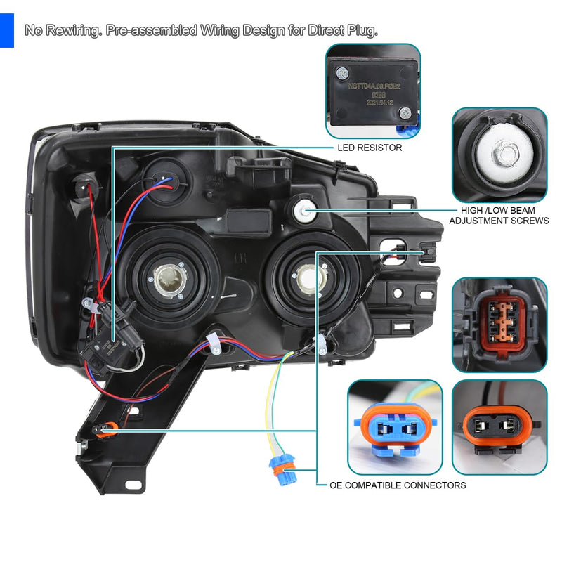 Light Smoke Spec-D Tuning Headlights w/LED Light Bar Compatible with 2004-2015 Nissan Titan, 2004-2007 Armada, Left + Right Pair Headlamp Assembly