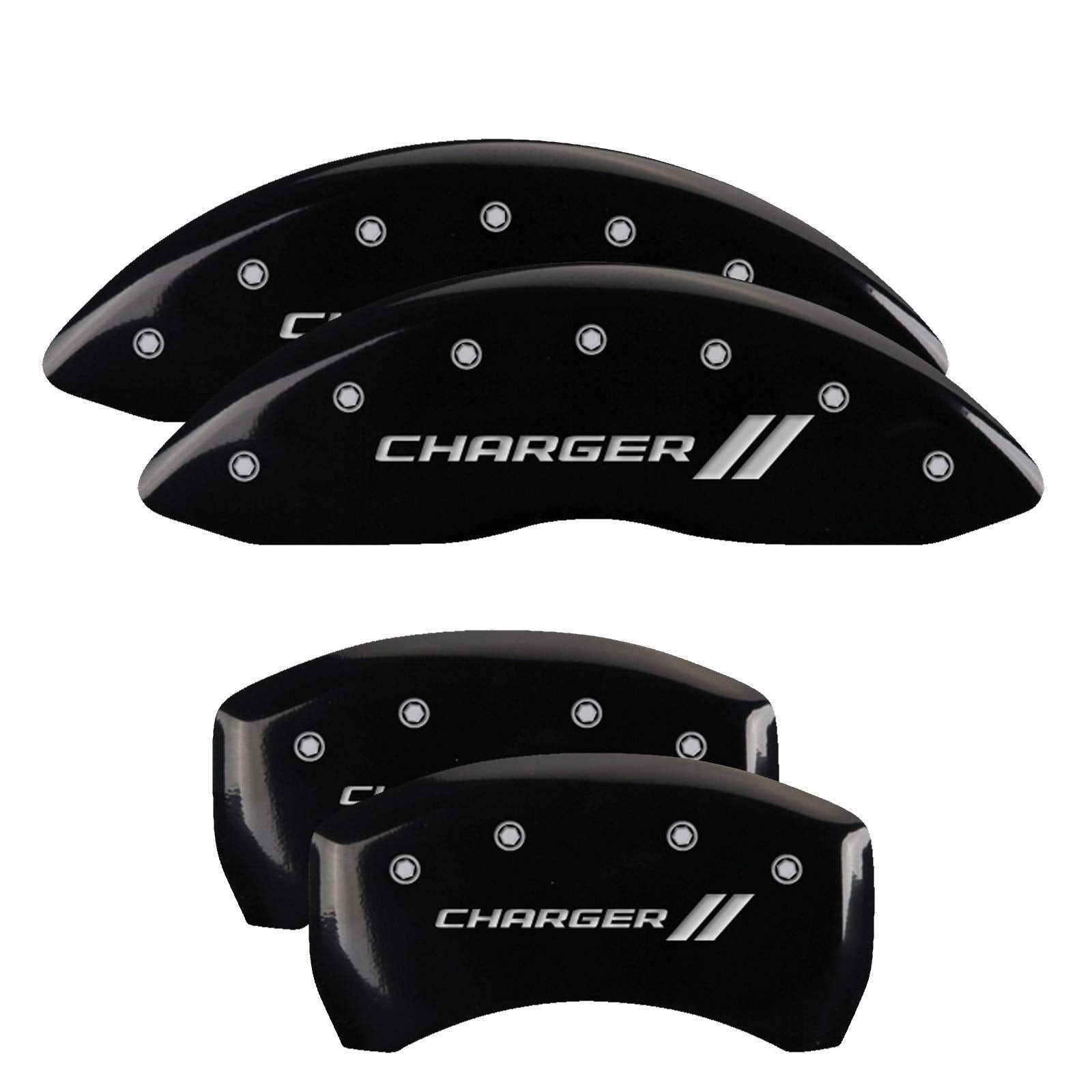 Compatible MGP Caliper Covers with 2011-2023 Dodge Charger and Challenger (Requires 18"+ Wheels & Single Piston Front Caliper) 4 PCS Front and Rear (Black - Charger II Engraving)