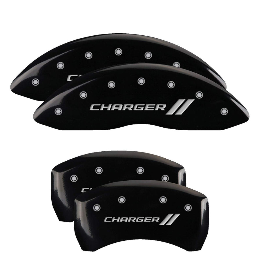 Compatible MGP Caliper Covers with 2011-2023 Dodge Charger and Challenger (Requires 18"+ Wheels & Single Piston Front Caliper) 4 PCS Front and Rear (Black - Charger II Engraving)
