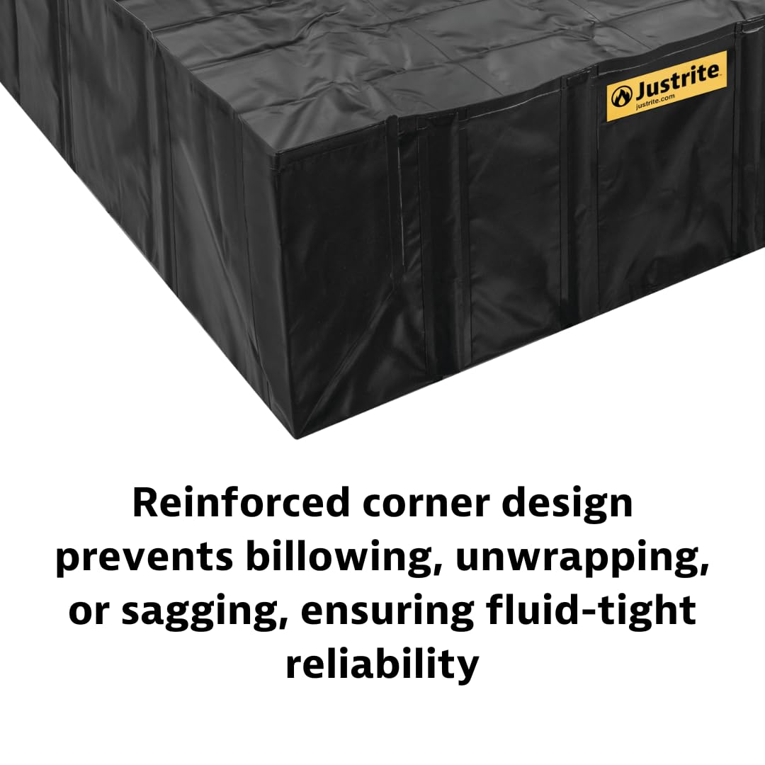 Justrite QuickBerm® Angle Bracket, 6' x 8' x 12" Large Oil Spill Containment Berm, 358 Gallon Spill Capacity, PVC Coated Fabric, Made in The USA, Black, 28069