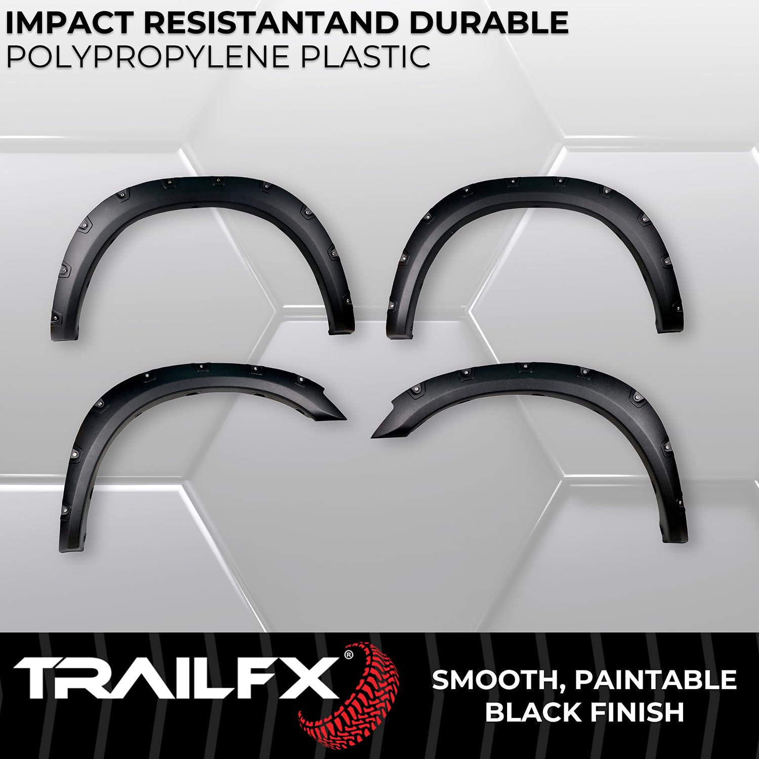 Pocket Style Fender Flares TrailFX TFD3004T for Ram 2500 2011-2018 - Black Textured Paintable Polypropylene, Set of 4 with Stainless and Black Steel Rivets