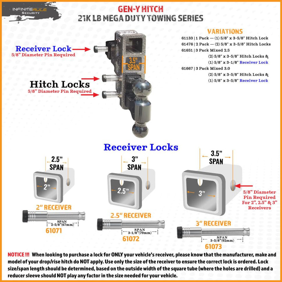 3 Pack Mixed 3.0, Keyed Alike, Hitch Locks for Mega Duty Gen-Y 21K LB Series - Includes Lock for 3.0" Receiver