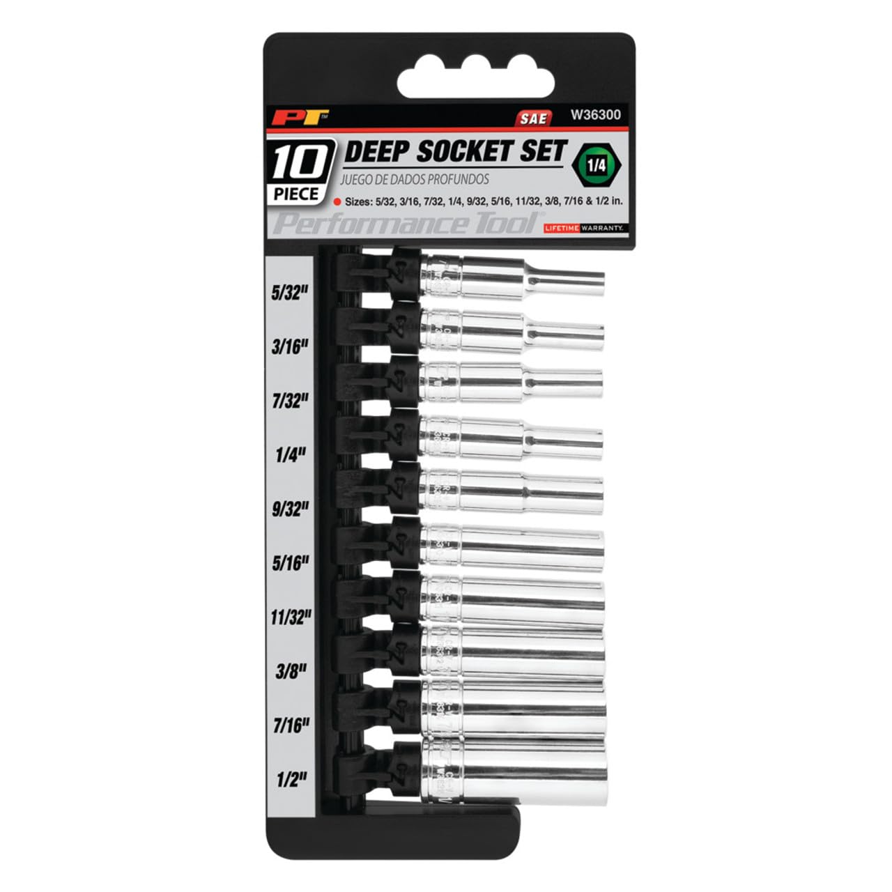 10 pc. Performance Tool W36300 1/4 in. Drive 6pt SAE Deep Wall Socket Set
