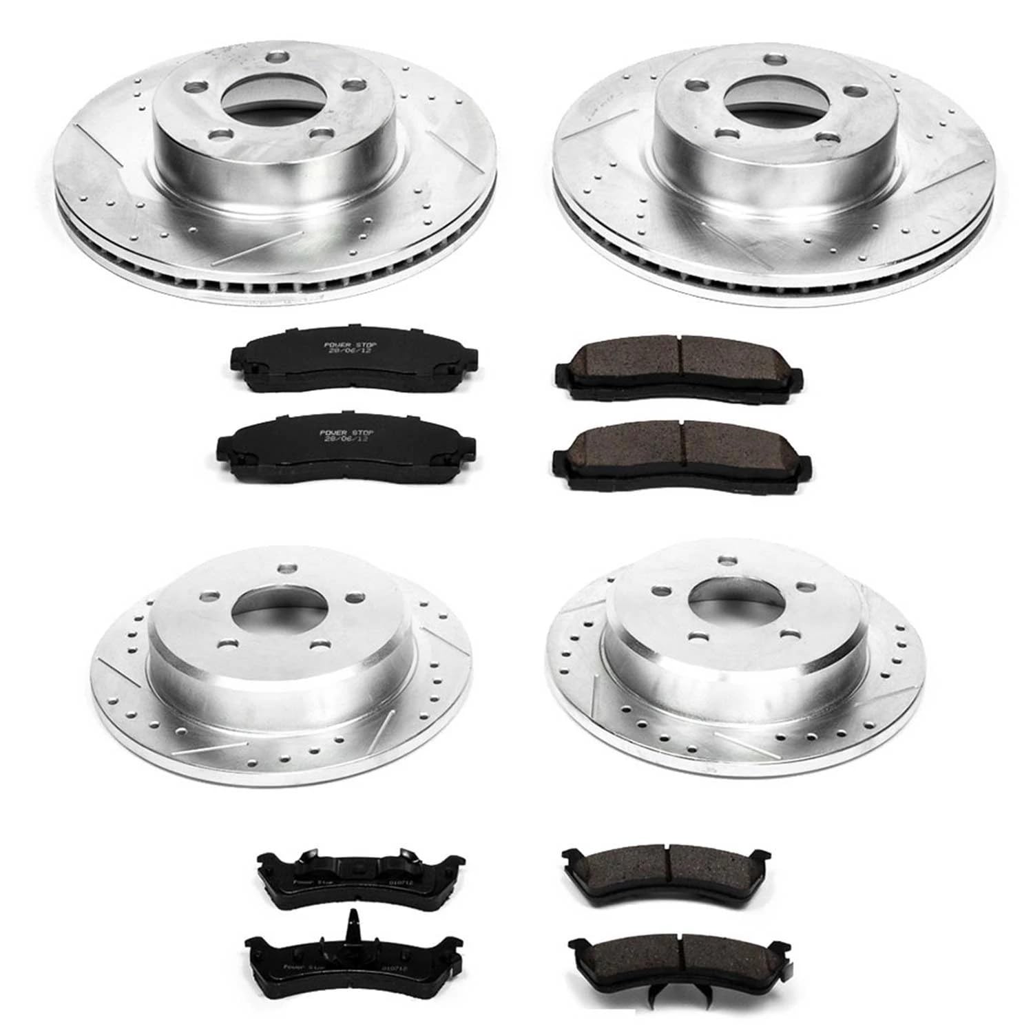 Power Stop K4357 Z23 Carbon Fiber Brake Pads Front and Rear with Drilled & Slotted Brake Rotors Kit For Ford Explorer Sport 2001-2002 [Model Specific]