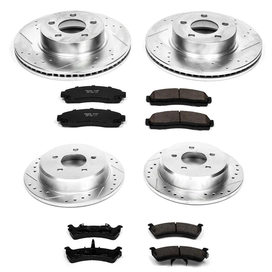 Power Stop K4357 Z23 Carbon Fiber Brake Pads Front and Rear with Drilled & Slotted Brake Rotors Kit For Ford Explorer Sport 2001-2002 [Model Specific]