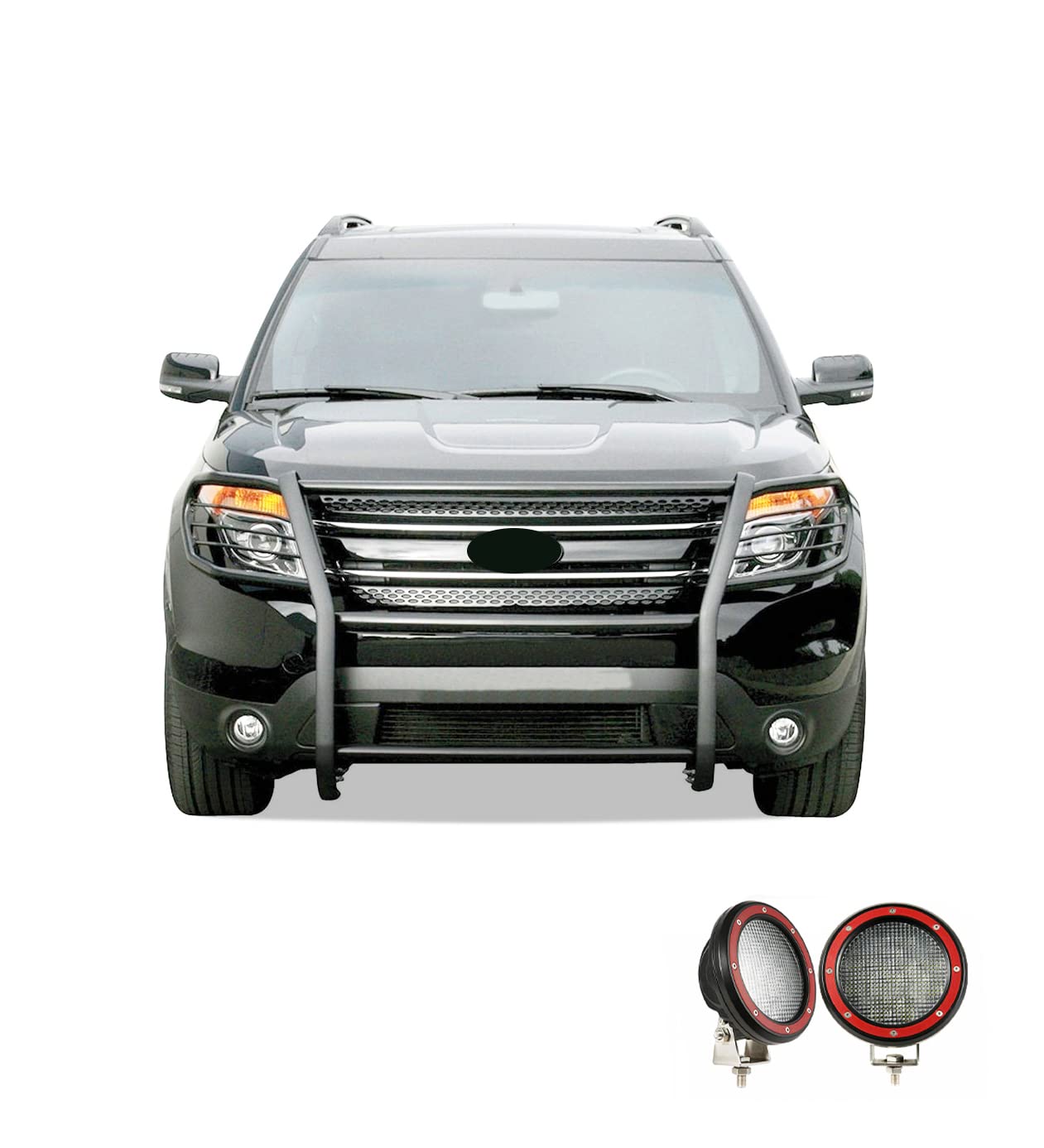 Bumper Guard Black Horse Grille Brush Modular Black Come with Pair of 5.3" Dia.LED Lights with Red Trim Rings Compatible with 2016-2019 Ford Explorer-17FJ30MA-PLFR