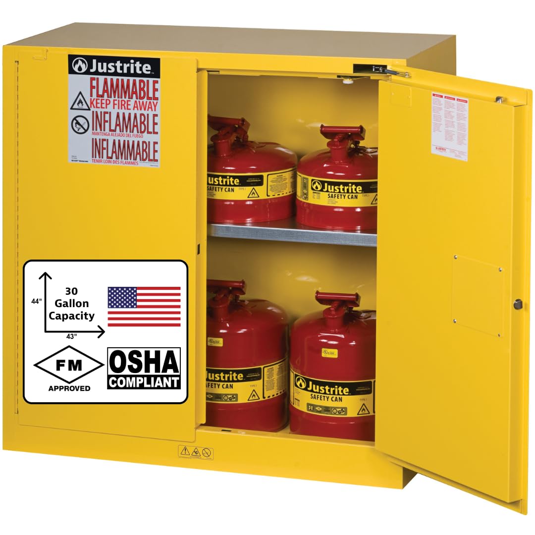 Justrite 30 Gallon Flammable Storage Cabinet Self Close, 18 Gauge Steel, 1 Shelf, 2 Door Fire Cabinet, 44" x 43" x 18", Made in The USA, Yellow, 893020