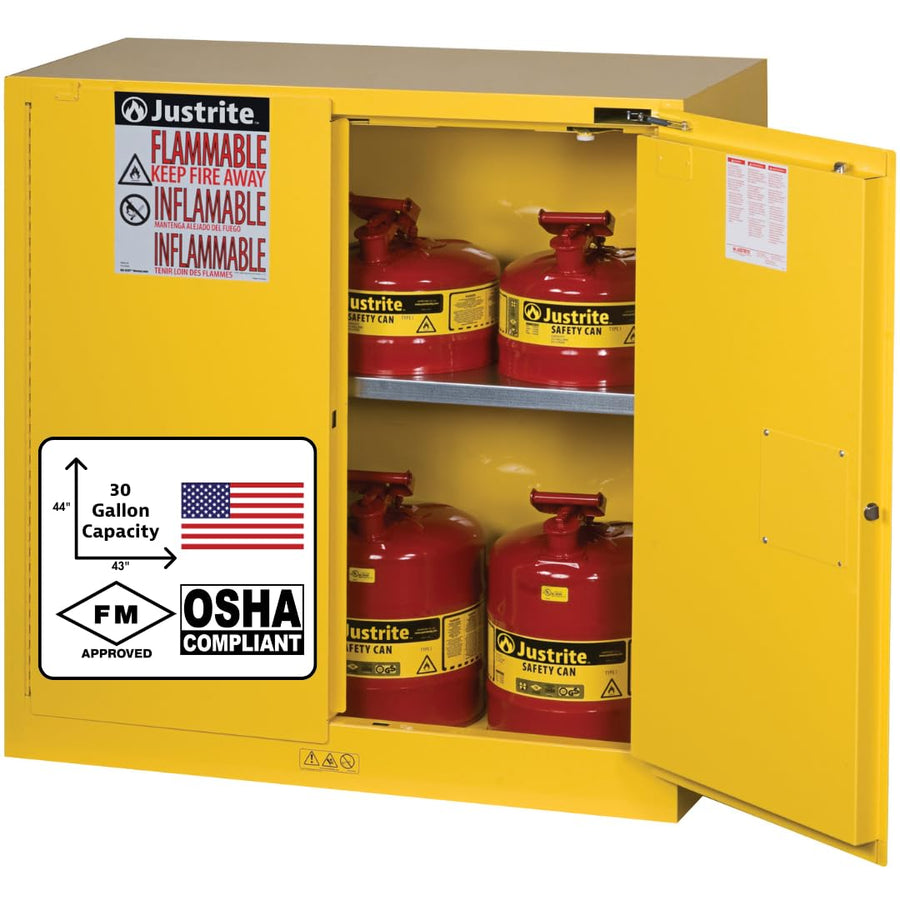 Justrite 30 Gallon Flammable Storage Cabinet Self Close, 18 Gauge Steel, 1 Shelf, 2 Door Fire Cabinet, 44" x 43" x 18", Made in The USA, Yellow, 893020