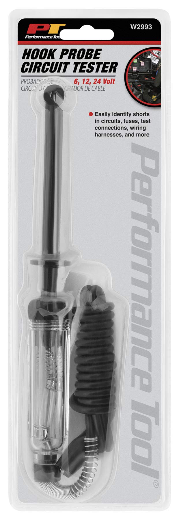 W2993 Performance Tool Circuit Tester 6-24V with Wire Piercing Molded Hook Probe for Circuit Shorts Identification and Testing in Tight Places