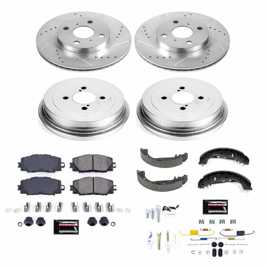 Power Stop K15249DK Z23 Carbon Fiber Brake Pads Front and Rear with Drilled & Slotted Brake Drums Kit For Toyota Yaris 2007-2014 [Model Specific]