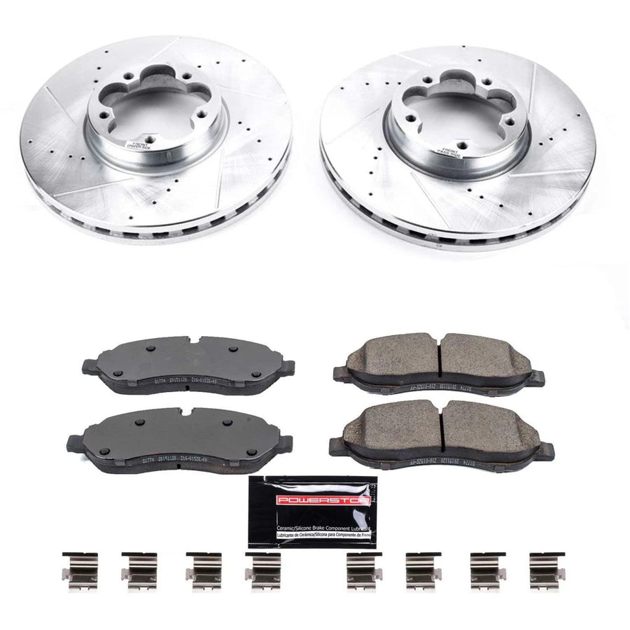 Power Stop K7148 Z23 Carbon Fiber Brake Pads Front with Drilled & Slotted Brake Rotors Kit For Ford Transit-350 HD 2015-2019 [Model Specific]