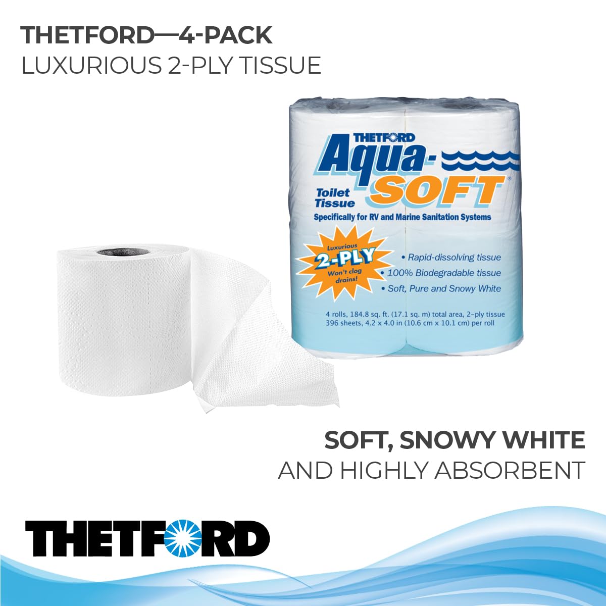 Aqua-Soft Toilet Tissue Thetford - Toilet Paper for RV and marine - 2-ply - Thetford 03300 (Pack of 4 rolls) , White