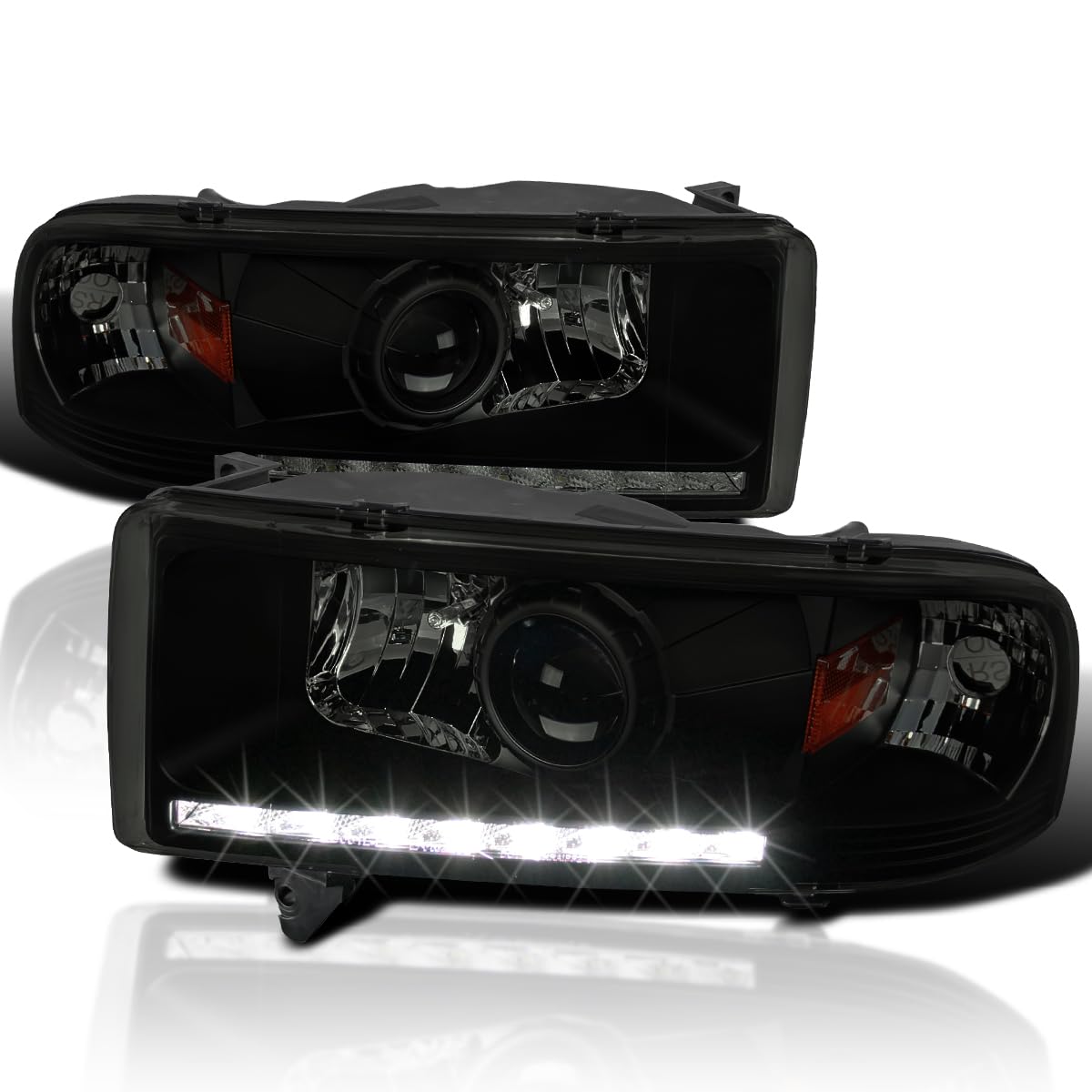 Black Smoke SPEC-D TUNING Projector Headlights w/LEDs Compatible with 1994-2001 Dodge Ram 1500, 1994-2002 Dodge Ram 2500/3500, Left + Right Pair Headlamps Assembly