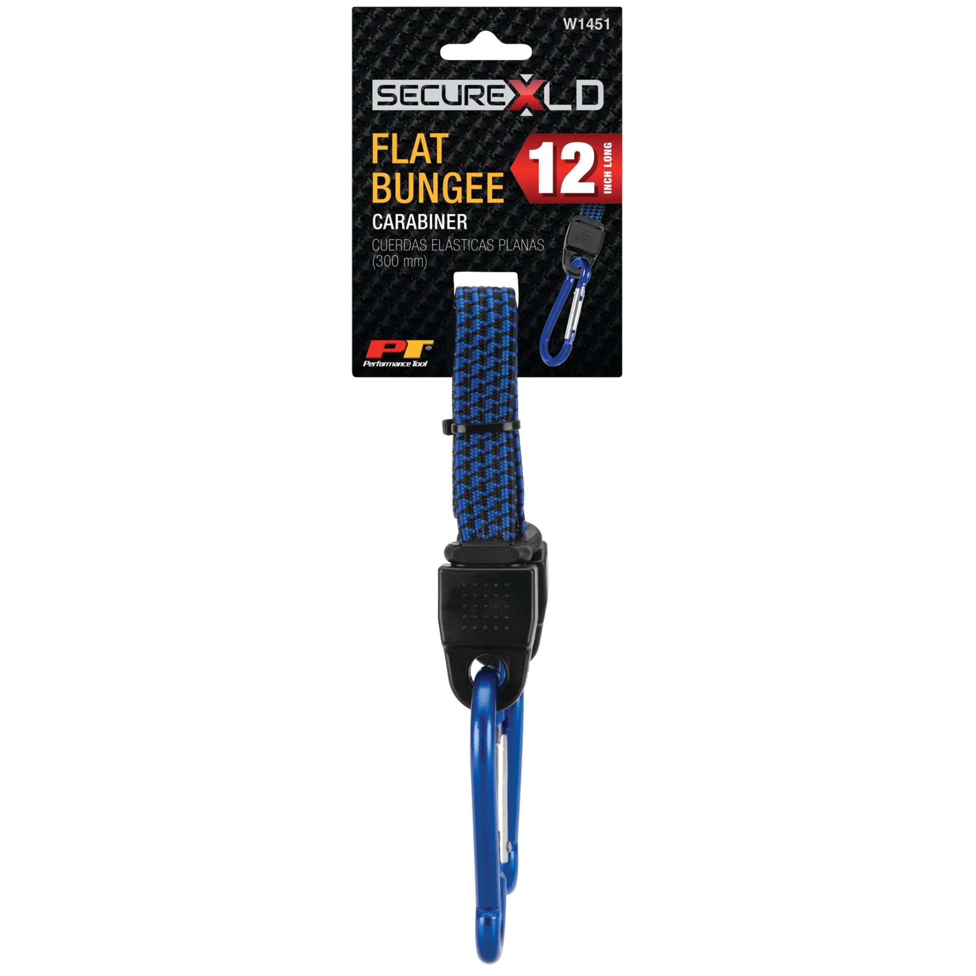W1451 Performance Tool 12-Inch Flat Bungee w/ Carabiner - Heavy Duty and Secure Strapping for Tarpaulins, Camping Gear, Luggage, and More