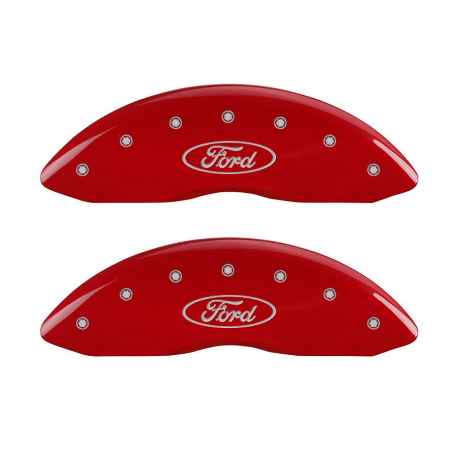 MGP Caliper Covers Front and Rear 10242SFRDRD Red Powder Coat Finish, Set of 4 (Oval logo/Ford Silver Characters, Engraved)