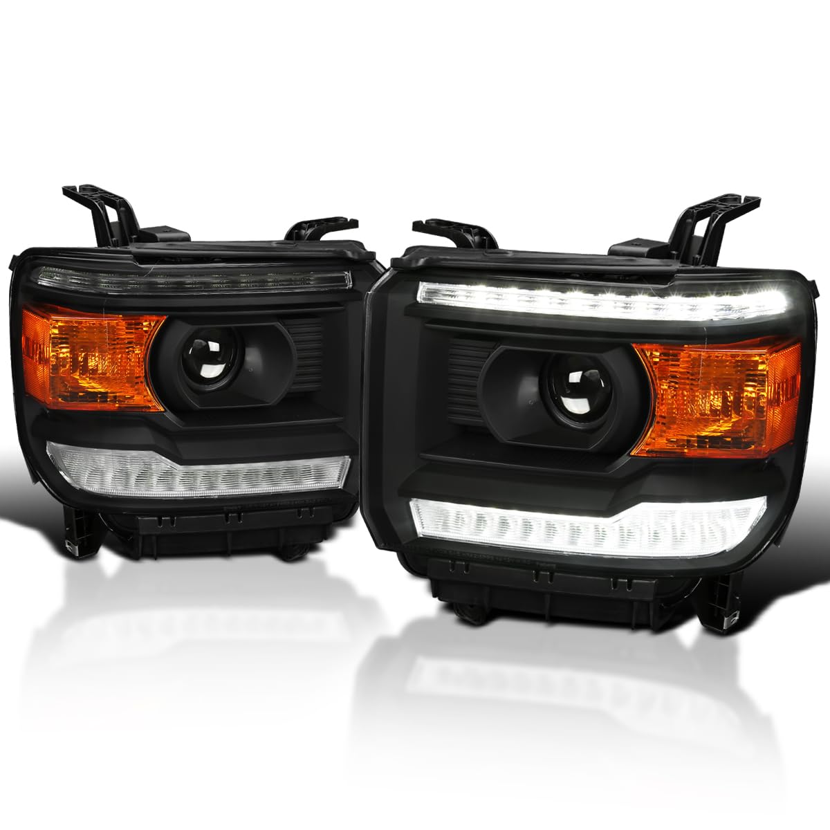 Black Projector Headlights w/LED DRL Strip SPEC-D TUNING Compatible with 2014-2018 GMC Sierra 1500, 2500, 3500, Base/Denali/SLE/SLT, Left + Right Pair Headlamps Assembly