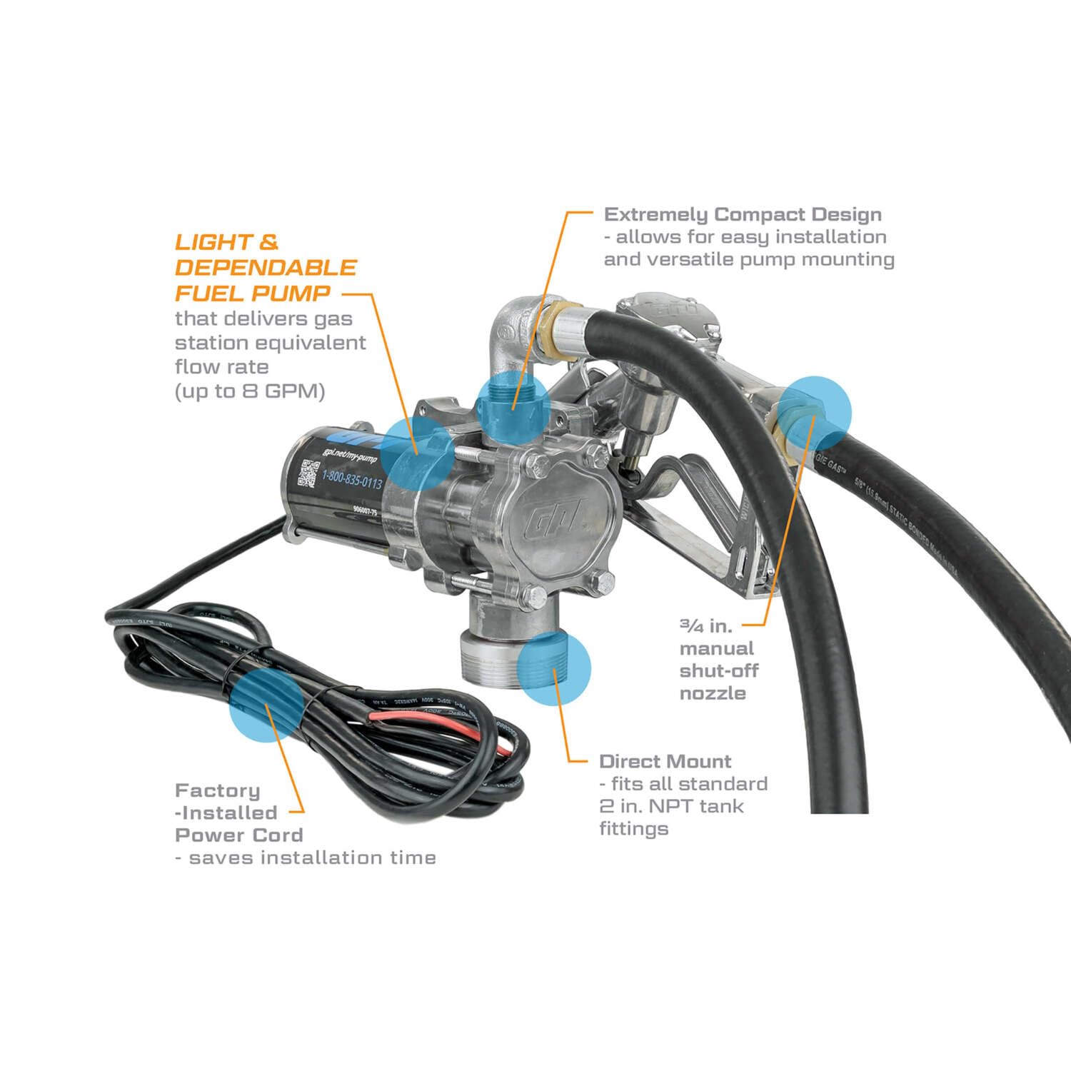 EZ-8 GPI - Fuel Transfer Pump, Manual Shut-Off Nozzle with Direct Mount, 8 GPM, 12 Volt (137100-01)