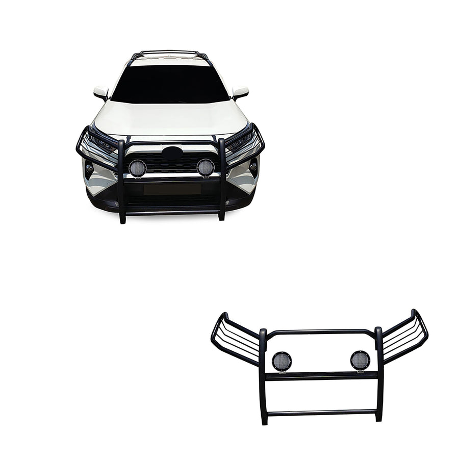 Grille Brush Black Horse Bumper Guard Modular Black Come with Pair of 5.3" Dia.LED Lights with Black Trim Rings Compatible with 2019-2024 Toyota RAV4-17A093904MA-PLFB