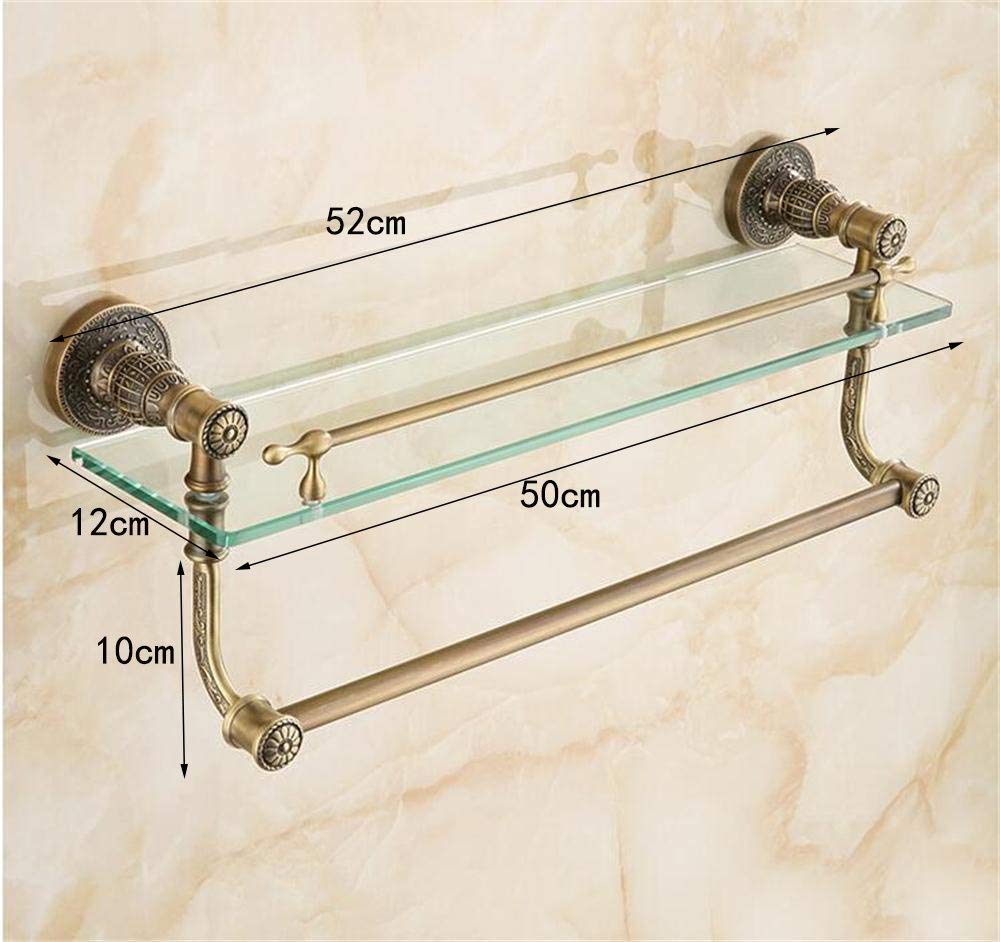 Singlelayer Retro Glass Bathroom Shelves With Towel Bar, Carving Design, Brushed Process, Wallmounted, 52 * 13cm Bathroom Shelf