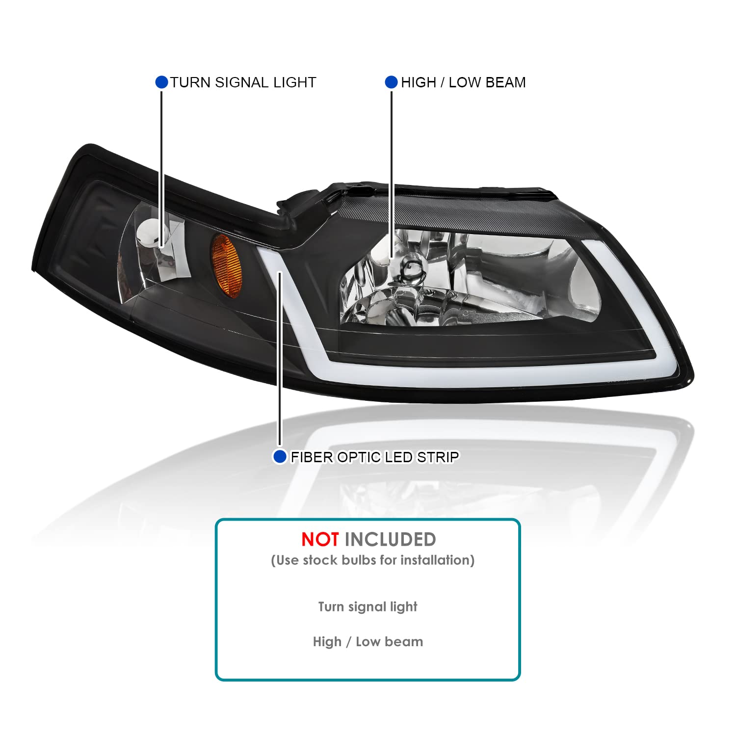 Black SPEC-D TUNING Headlights with LED Tube Strip Compatible with 1999-2004 Ford Mustang, Left + Right Pair Headlamp Assembly
