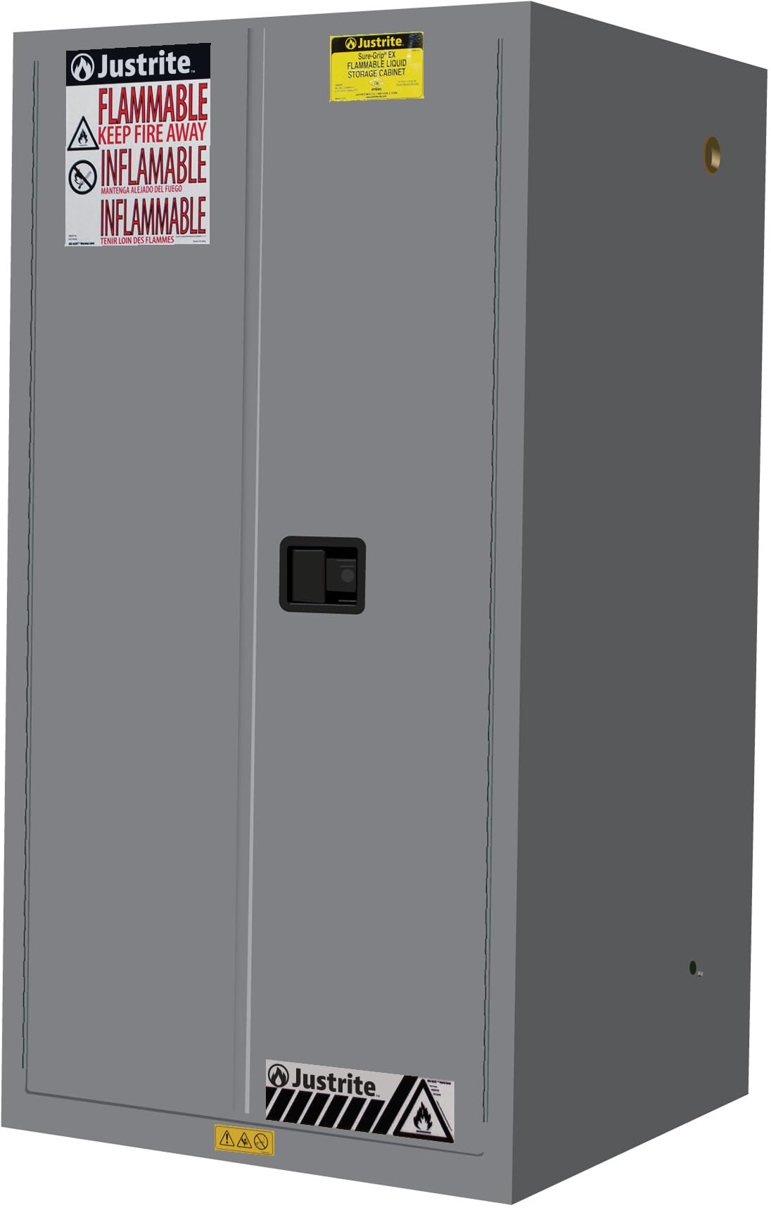 60 Gallon Justrite Manual Close Flammable Storage Cabinet, 18 Gauge Steel, 2 Shelves, 2 Door Fire Cabinet, 65" x 34" x 34", Made in The USA, Gray, 896003